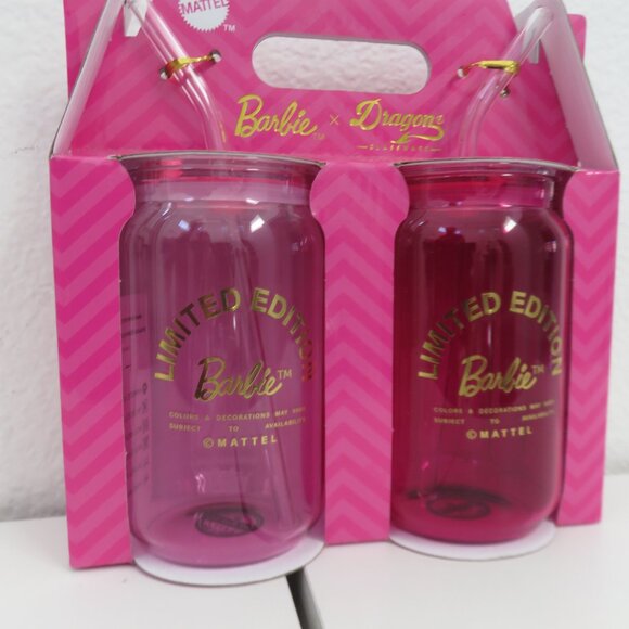 Barbie Drinking Glasses Pink Barbie Glass Cups lids straws Barbie X Dragon 16oz - Picture 2 of 7